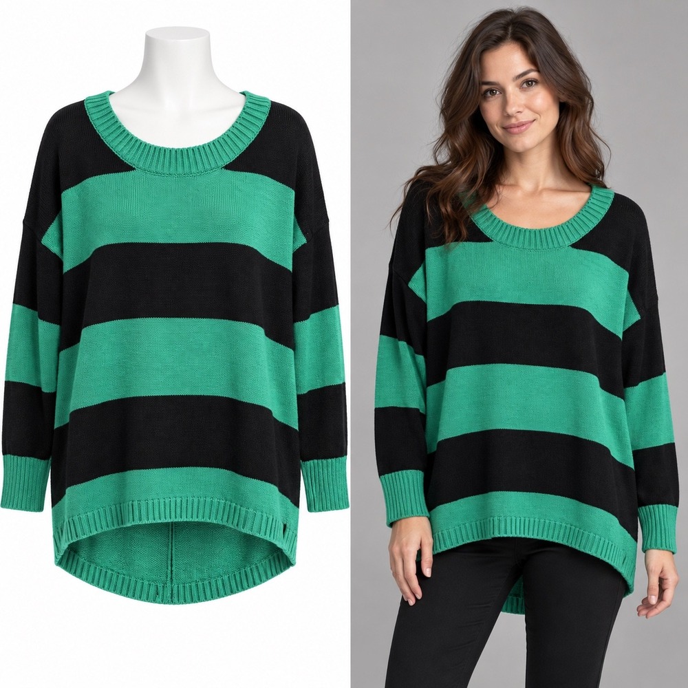 AB Studio Sweater Womens XL Green Black Striped Button Back Oversized Knit Top